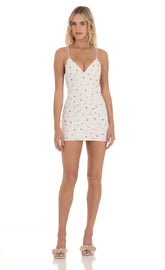 Floral Bow Tie Bodycon Dress in White